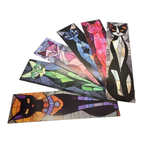 6pcs Stained Glass Black Cat Bookmarks Book Marker Clips Reading Cleopatra Tux - Picture 1 of 3